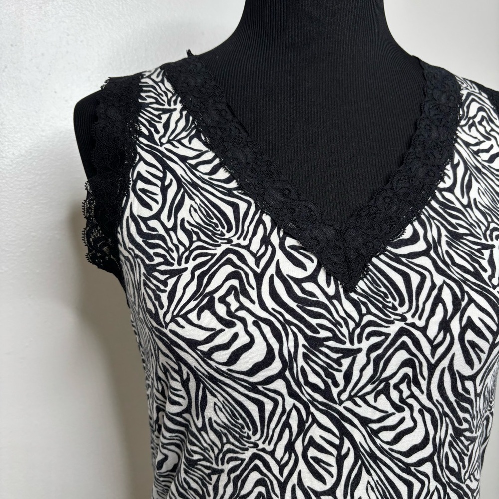 Worthington Stretch Zebra Print Lace Trim Tank Top Women’s M Black White Y2K - Picture 1 of 8